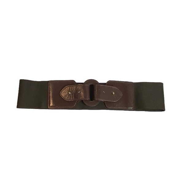 Vtg Motion East Belt Chocolate Brown Elastic Leather Goldtone Closure Sz L Y2K - Picture 1 of 6